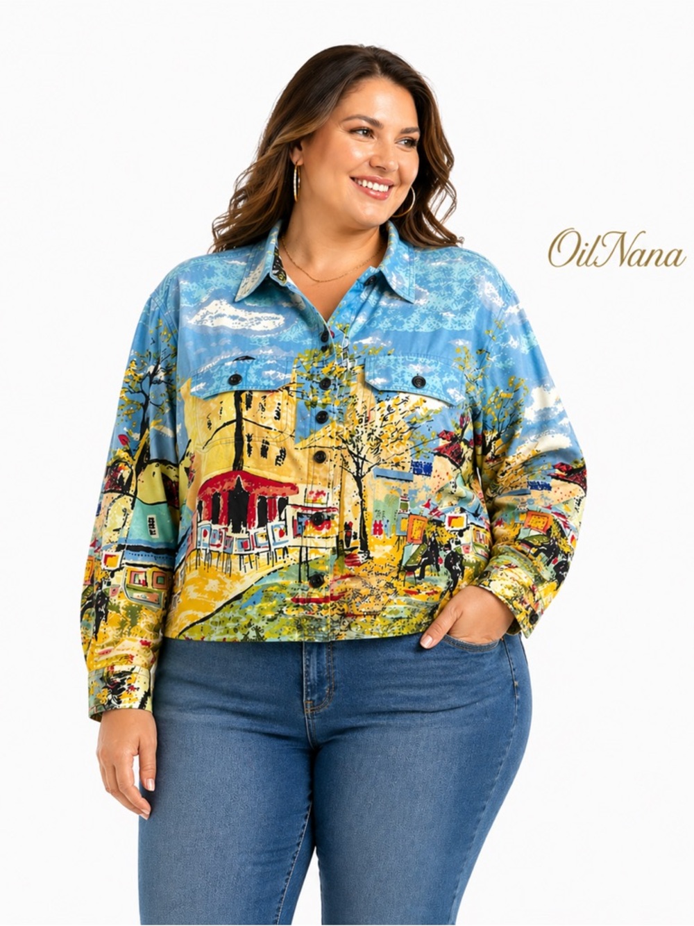 Take Two Women's 1X Multicolor Geometric Button-Up Jacket Casual